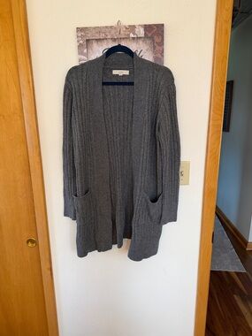 LOFT Women's Open-Front Ribbed Cardigan Sweater in Charcoal Gray